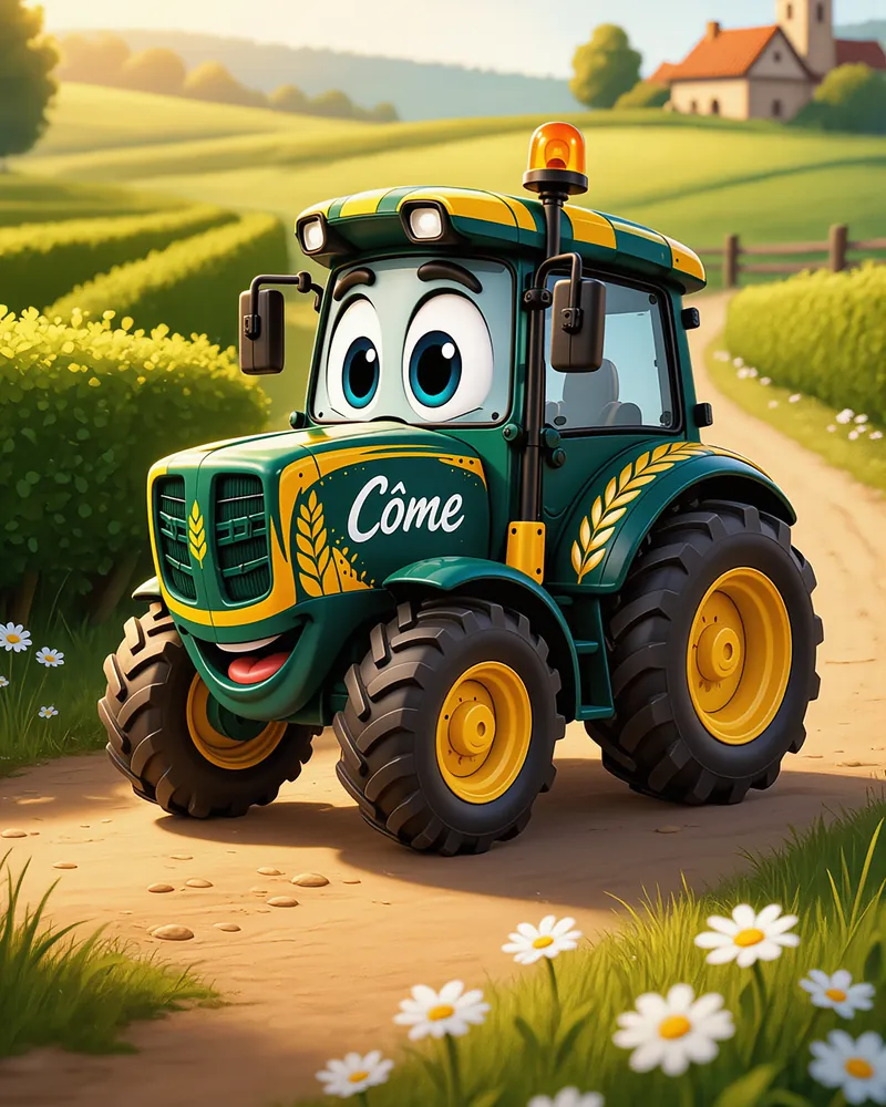 Côme, le petit tracteur vert et jaune, sur un chemin de campagne