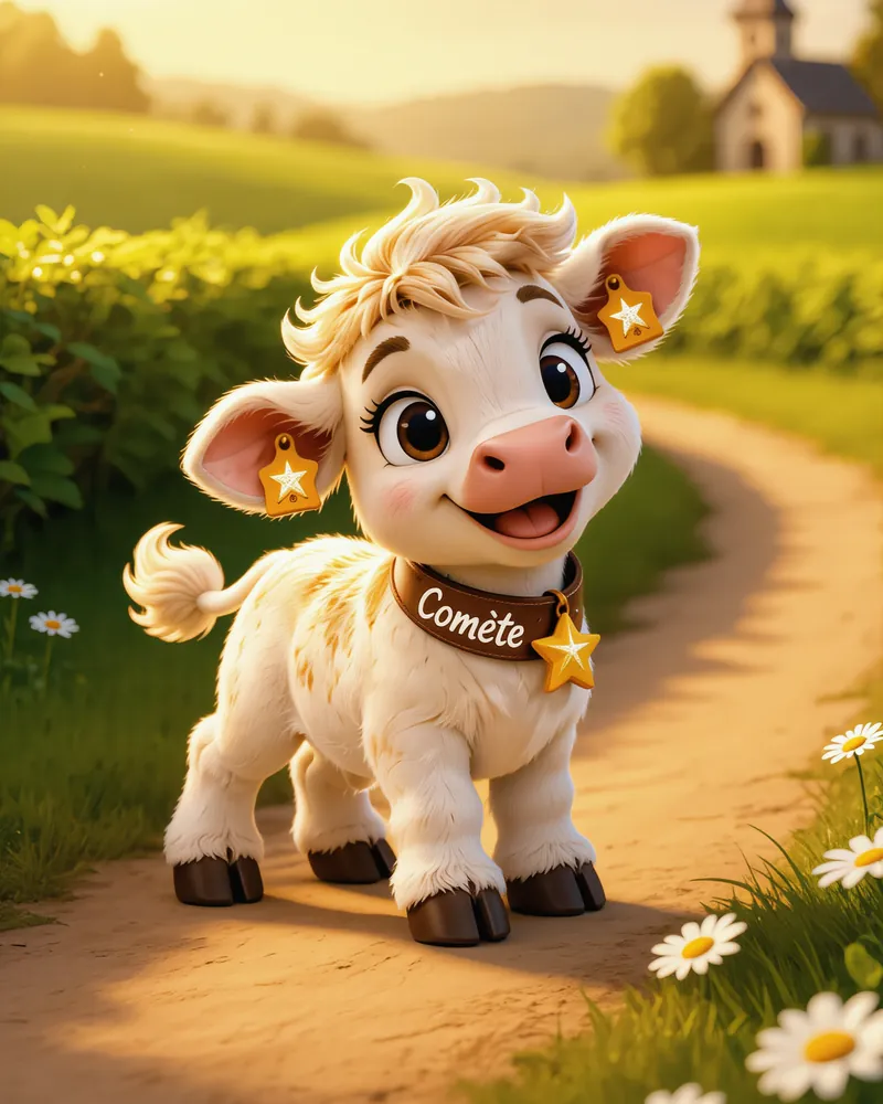 Comète, la petite vache charolaise, sur un chemin de campagne