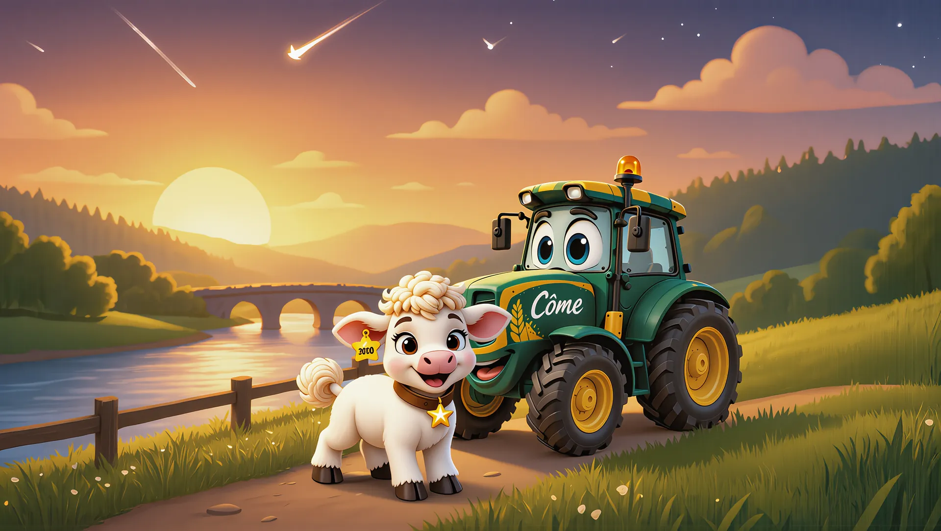 Côme le petit tracteur et Comète la petite vache charolaise, au coucher du soleil au bord de la Loire